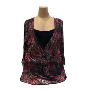 Notations Velvet Burnout Blouse 1X Black Red Paisley Buckle Detail | Holiday Top